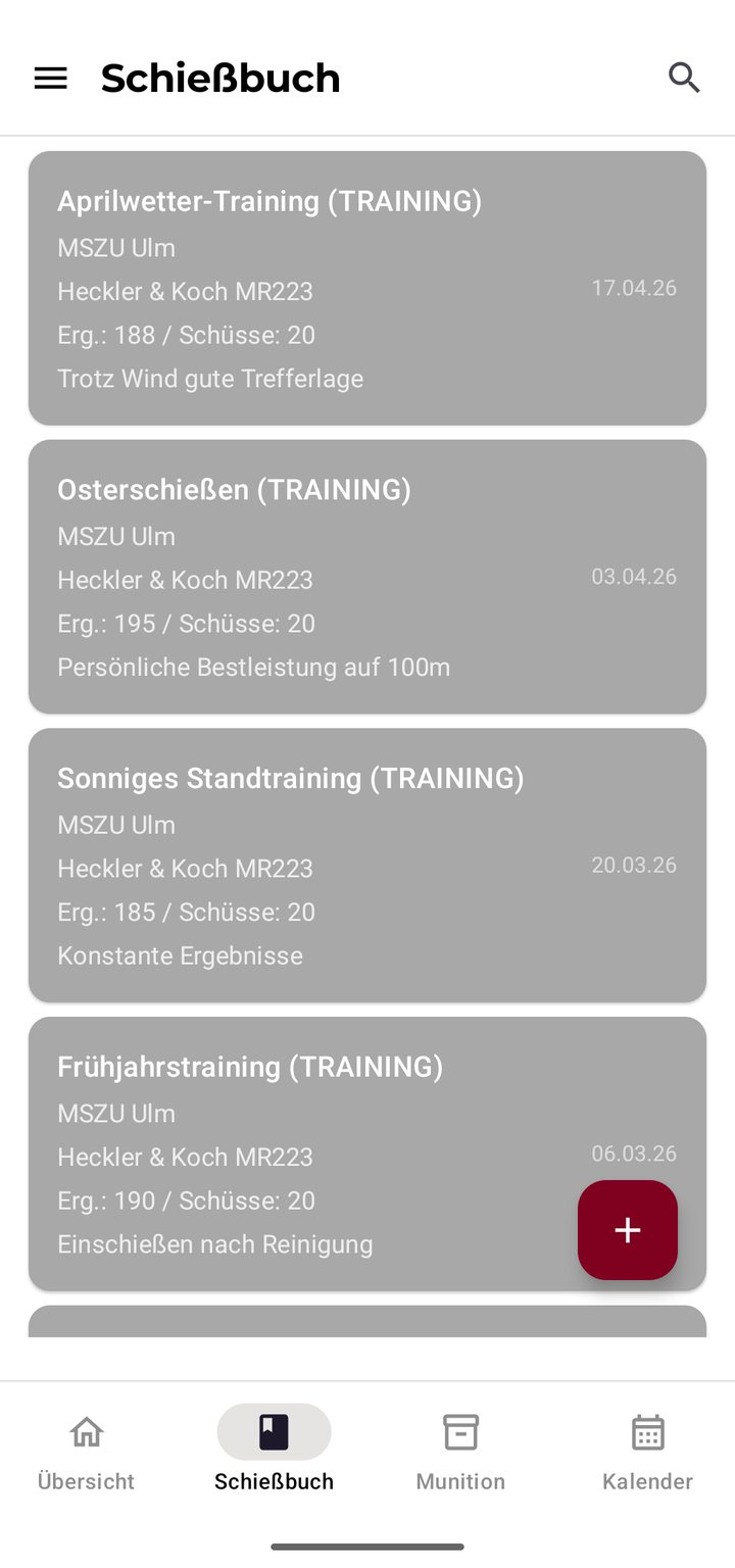 Schießbuch in T-10g mit Trainings am Stand, Waffe, Ergebnis und Notiz